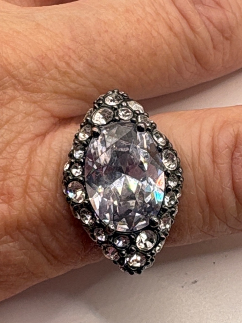 Givenchy Crystal Cocktail Ring Size 6.75 Gunmetal Diamond Shaped Oblong - Picture 6 of 8
